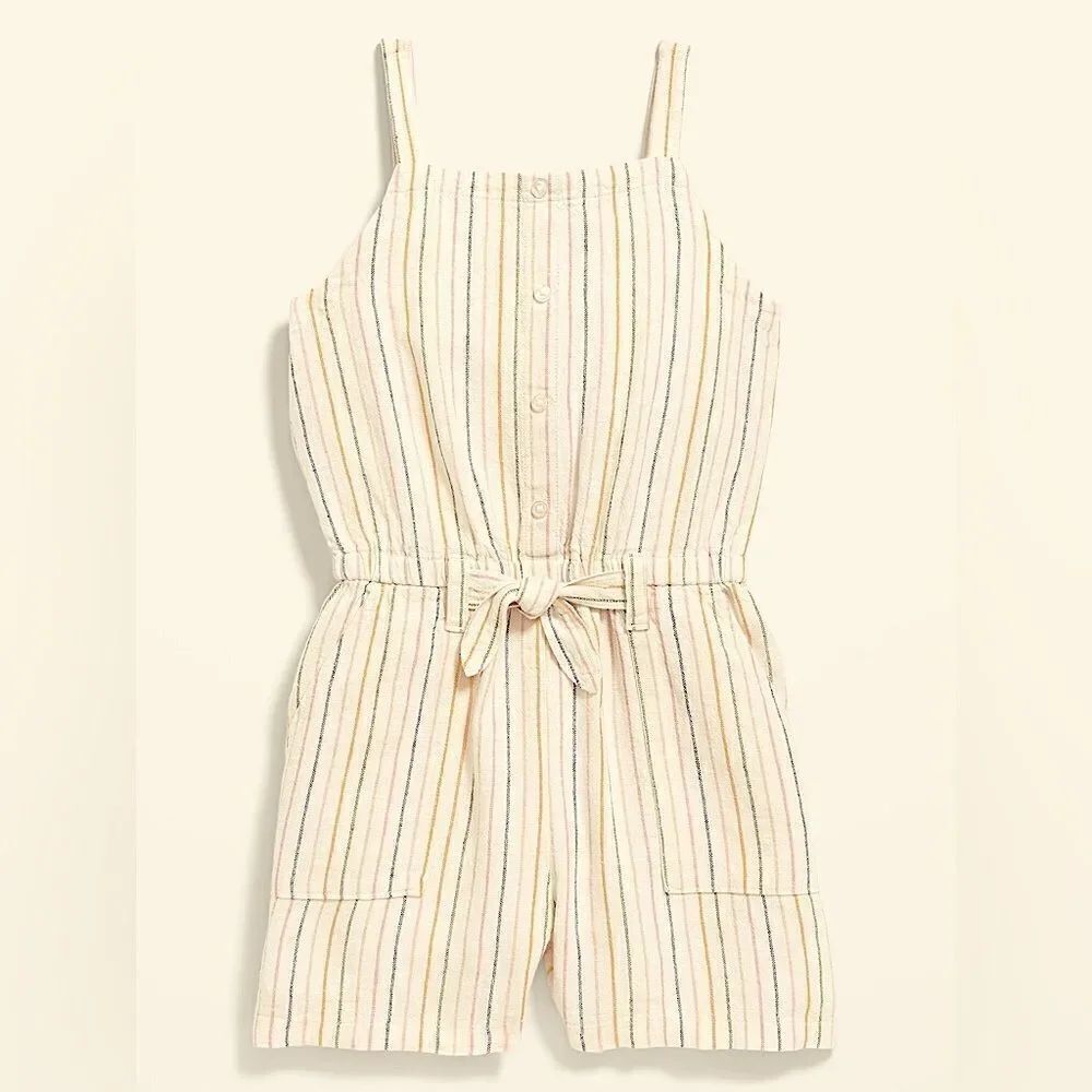 Old Navy linen Tie-Front striped Utility Romper jumpsuit shorts beach L 10/12